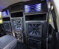 Custom Ram rear-cabin speaker wall with blue lighting