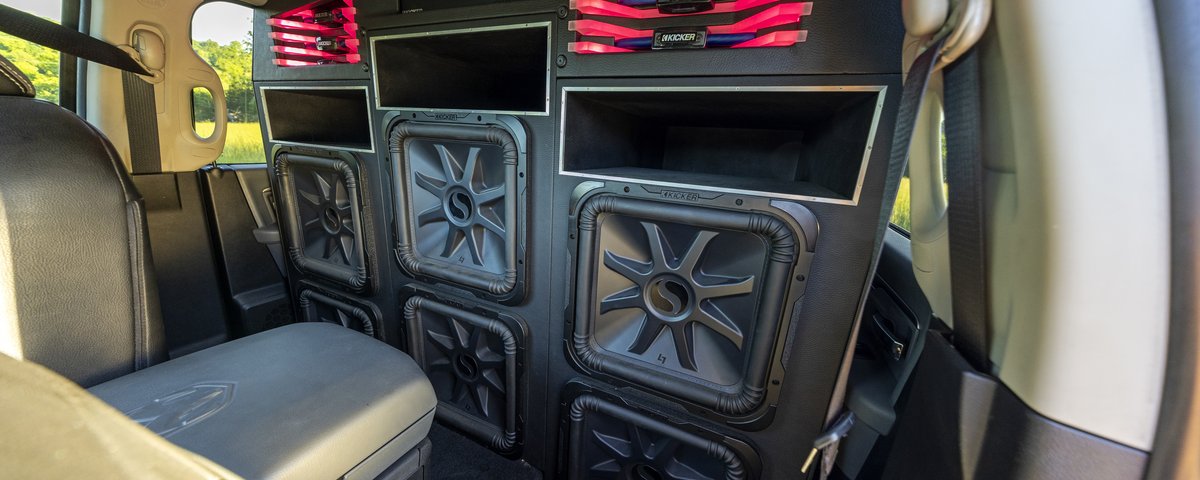 Custom Ram rear-cabin speaker wall with red lighting