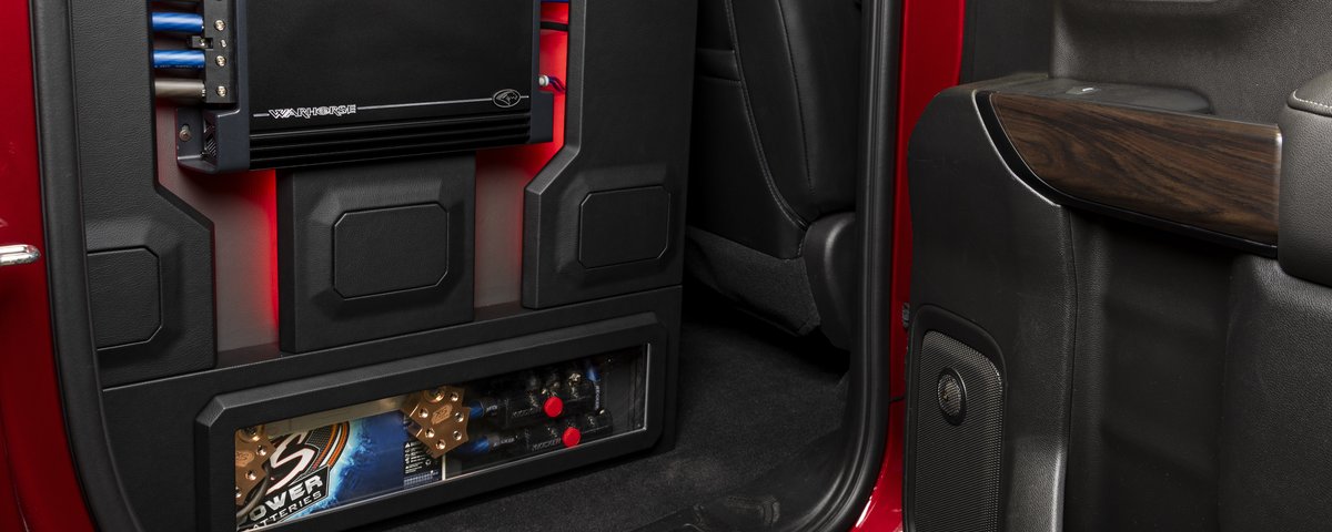 Custom KICKER amplifier rack in the Sierra