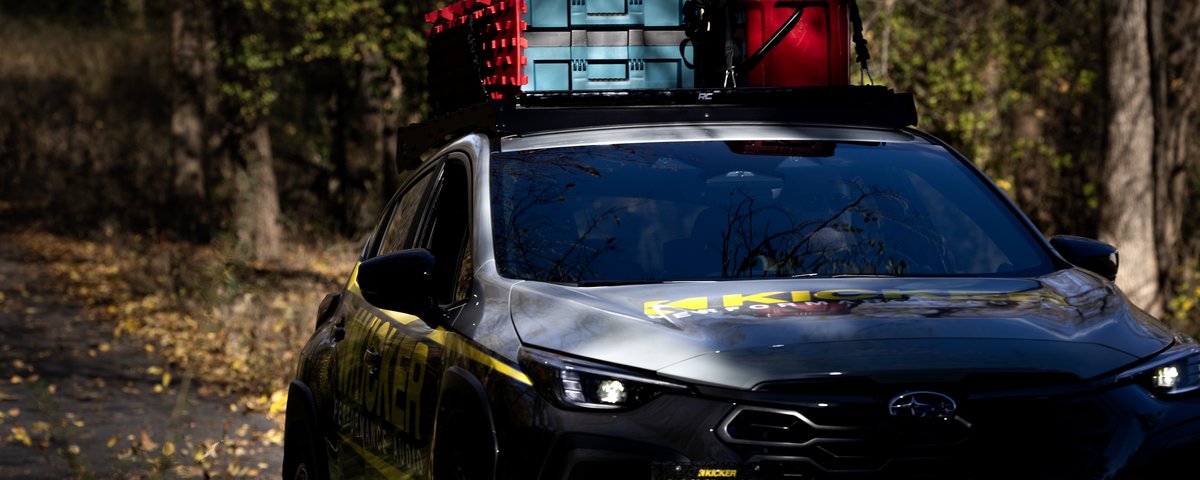 Close front view of the Subaru CrossTrek and rooftop cargo