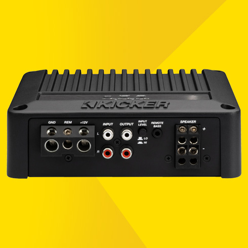 Side view of vertically mounted KICKER CXA800.1 car amplifier showing control panel and RCA inputs.