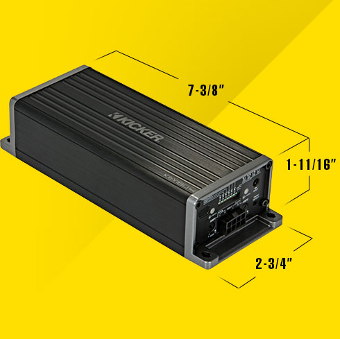 KICKER KEY amplifier with labeled dimensions: 7 3/8 inches long, 2 3/4 inches wide, and 1 11/16 inches tall.