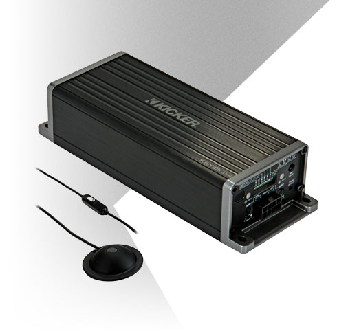 KICKER KEY200.4 car amplifier shown with microphone and wired remote