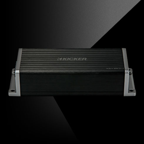 Front view of KICKER KEY200.4 car amplifier with ribbed black casing