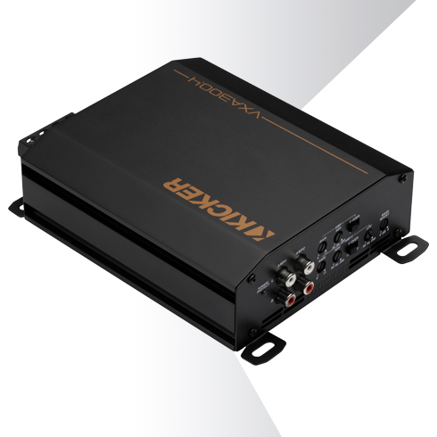 Angled top view of KICKER CXA800.1 car amplifier showing compact design and side terminal connections.