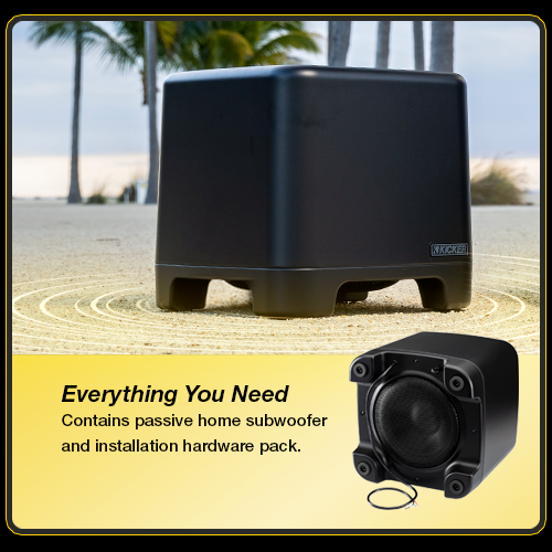 KICKER OA Series outdoor subwoofer displayed on sand near palm trees. Image text reads 'Everything You Need – Contains passive home subwoofer and installation hardware pack.'