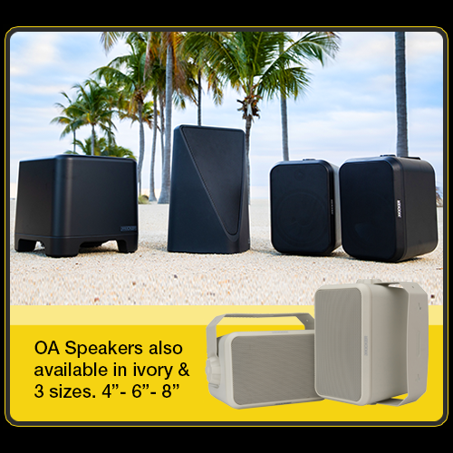 KICKER OA Series outdoor speakers displayed on a sandy beach with palm trees, including a subwoofer, TowerScape speaker, and pair of OA speakers. Image text reads 'OA Speakers also available in ivory and 3 sizes: 4-inch, 6-inch, and 8-inch.'