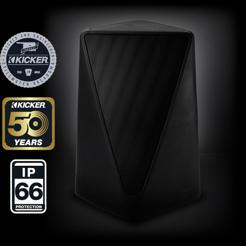 KICKER OA TowerScape outdoor tower speaker shown in black with icons indicating KICKER Designed and Engineered, 50 Years anniversary, and IP66 weather protection.